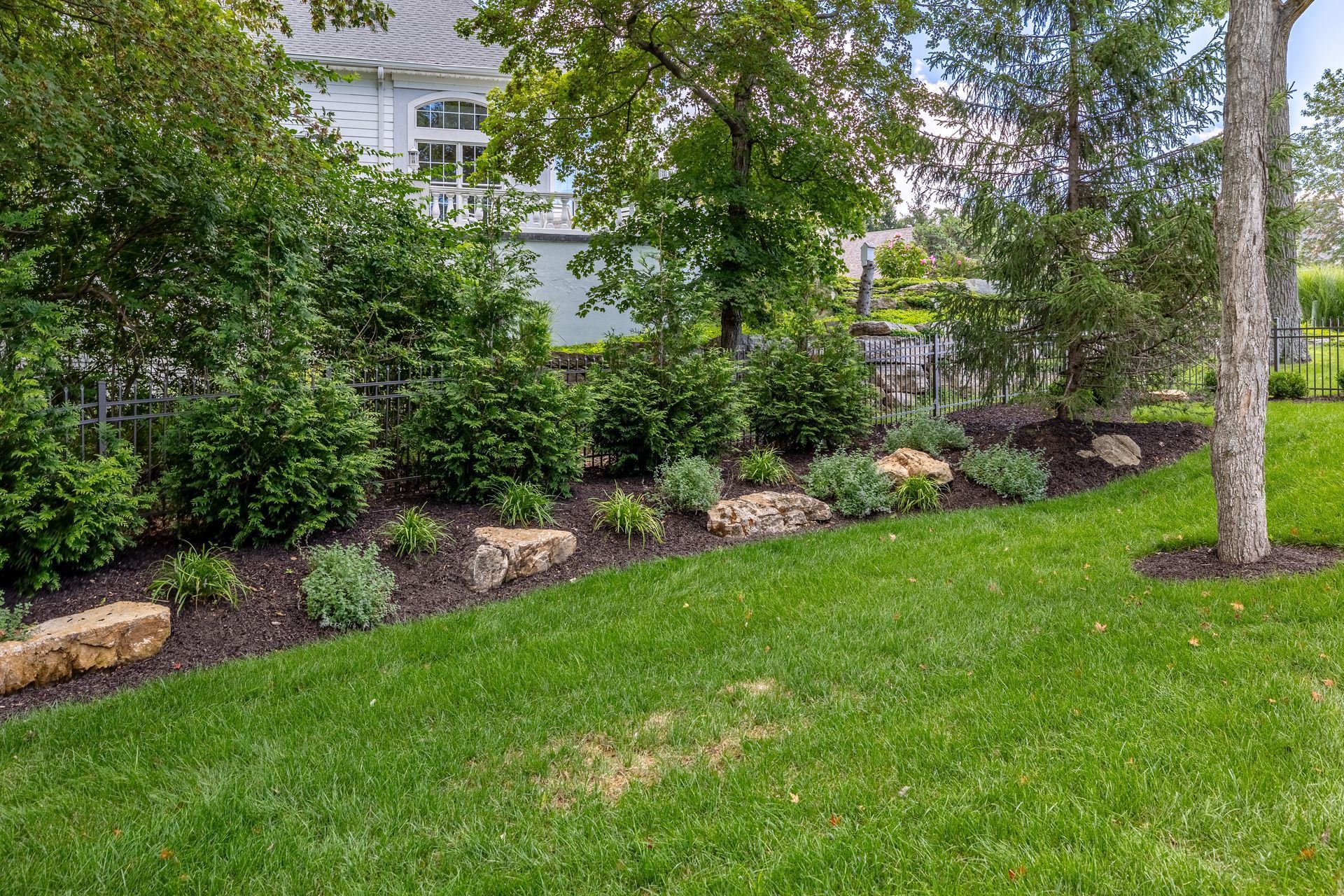 Landscaped yard with green lawn, shrubs, mulch bed, and trees in front of a house