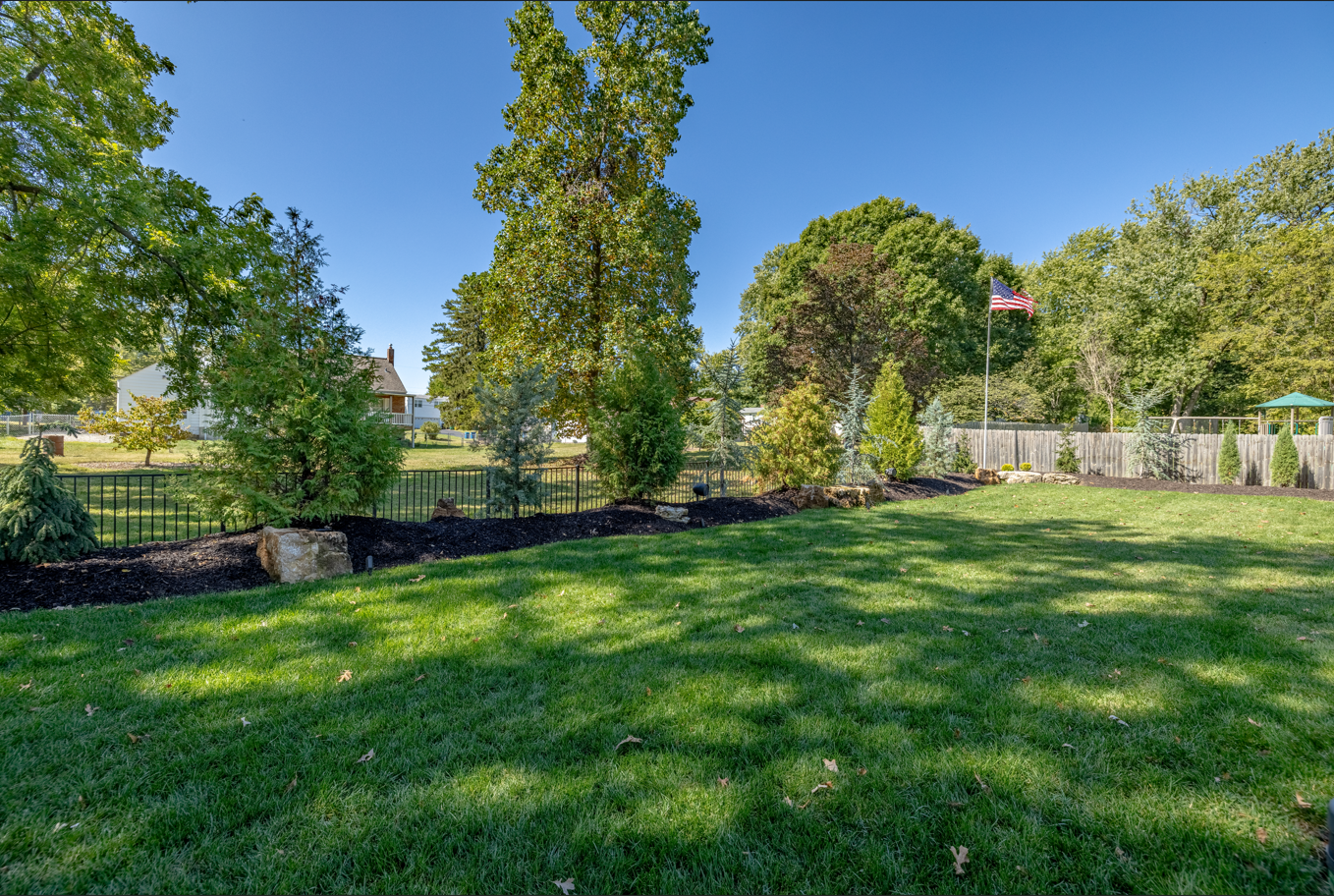 Sunny park lawn with tall trees, a stone wall, and a fenced area in the background