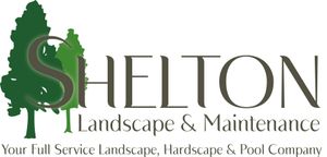 Shelton Landscape & Maintenance logo with green tree and text, plus tagline for landscaping and pool services