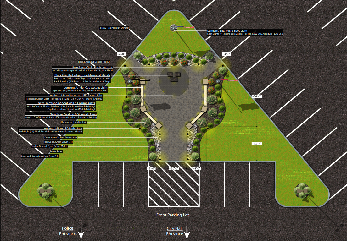 Annotated site plan with green landscaped areas, central path, and parking spaces on a dark background
