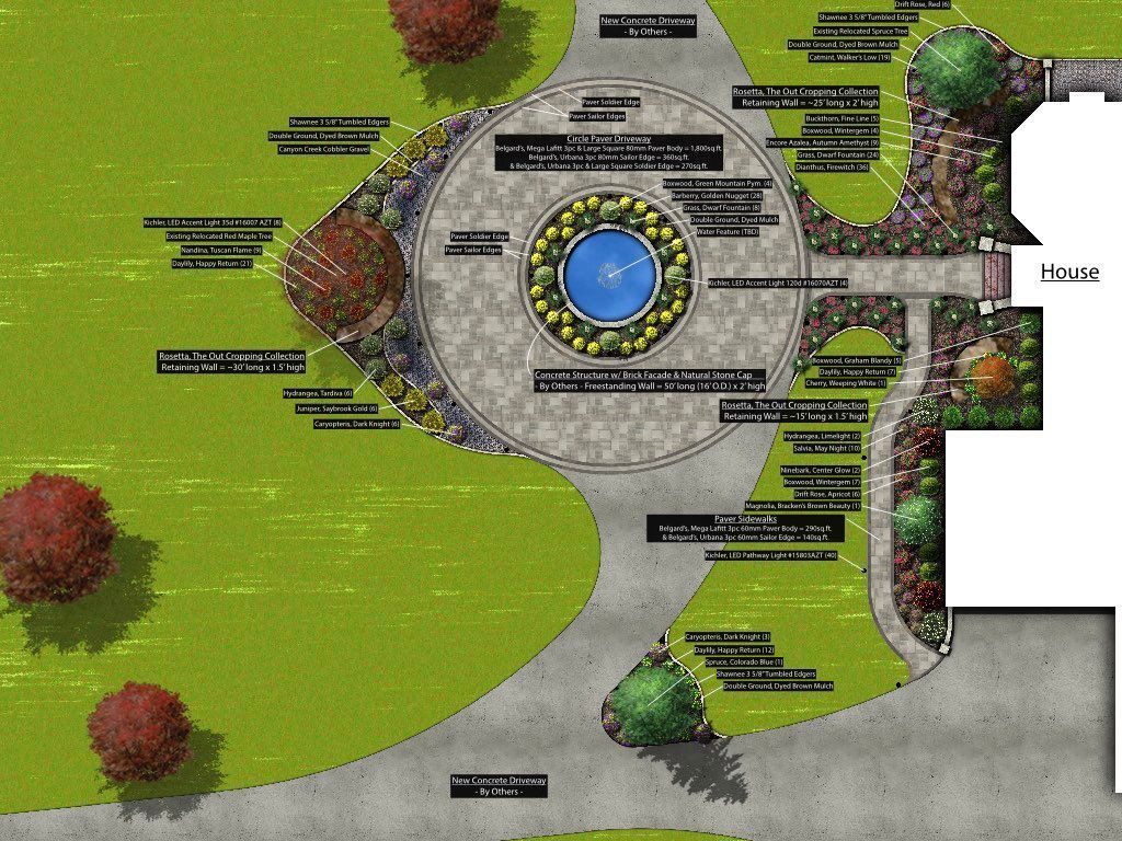 Top-down landscape plan of a circular stone plaza with a blue fountain, paths, shrubs, and trees.