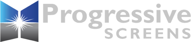 Progressive Screens logo with blue open-book icon and gray text, featuring a white starburst at center