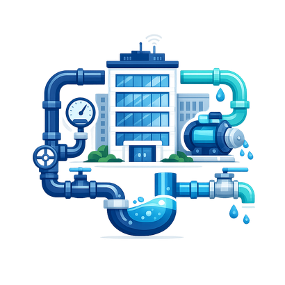 Blue water pipes and valves connected to a building, with a gauge, pump, and flowing water drops.