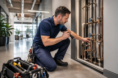 Plumber kneels inspecting copper pipes in a modern office hallway with tools nearby