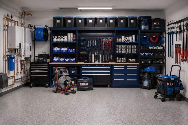 Neatly organized garage with blue tool cabinets, shelves of supplies, and power tools on the floor.