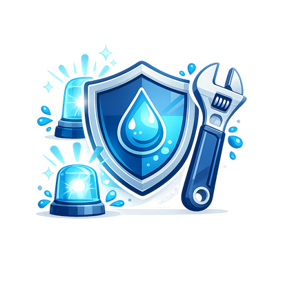 Blue security shield with water droplet, wrench, and alarm lights on a white background
