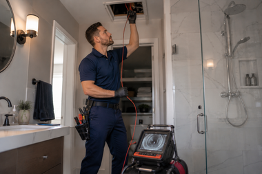 Technician inspecting a bathroom ceiling vent with tools and equipment nearby
