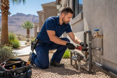 Plumber kneeling beside an outdoor wall, using a wrench to repair exposed pipes near a house.