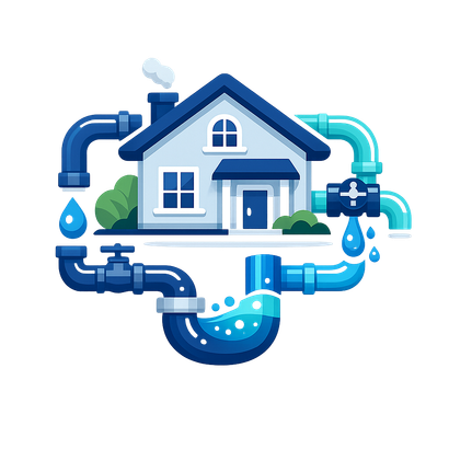 Blue house with water pipes, faucets, and flowing water illustrating home plumbing or water service.