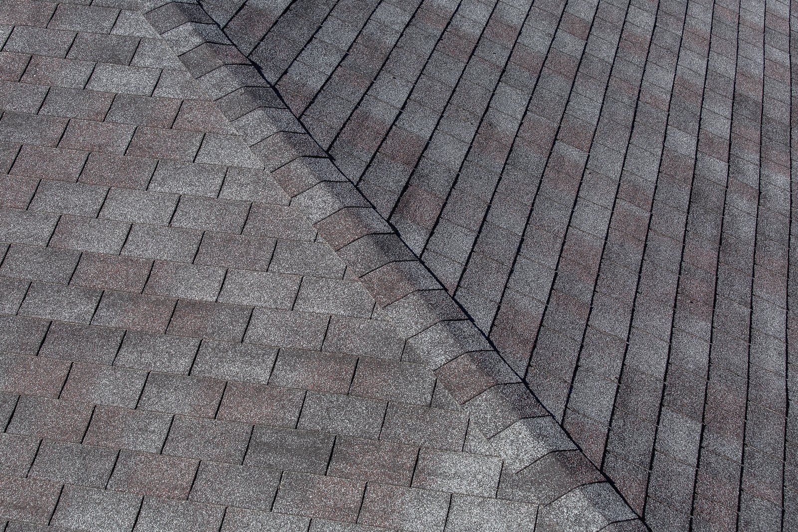 Close-up of a dark gray asphalt shingle roof with a prominent ridgeline and a slight color variation.
