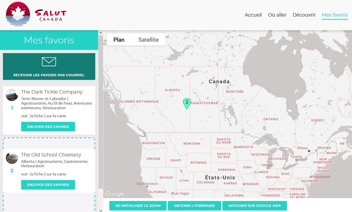 Interface des favoris du site corridorcanada.ca.