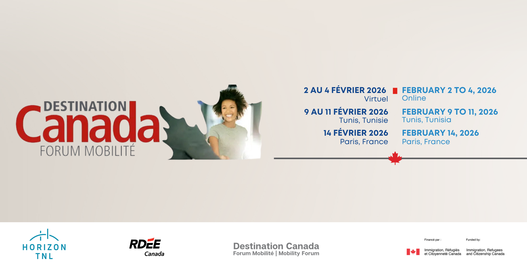 Une bannière des dates pour Destination Canada 2026.