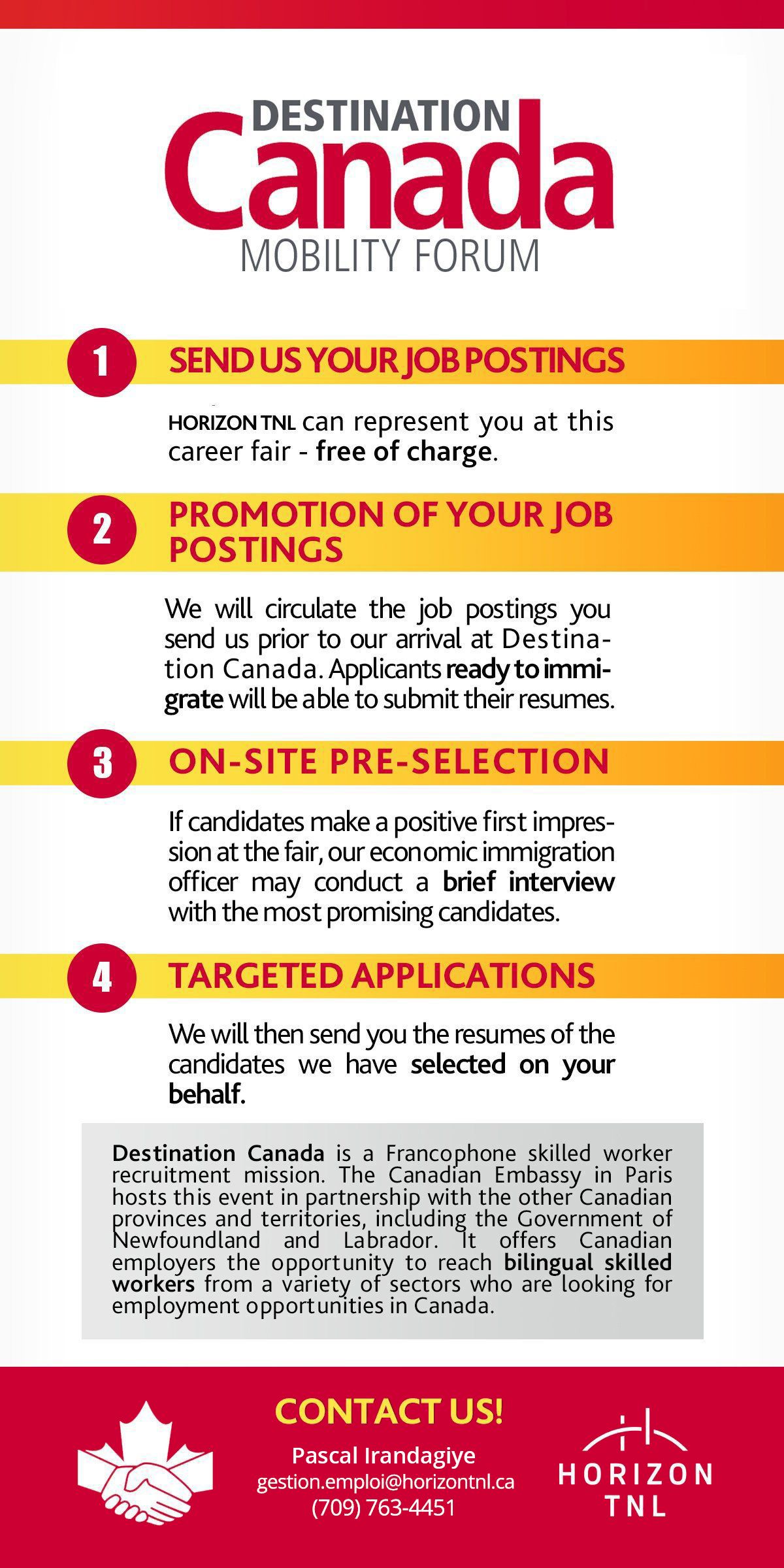 Steps for representation at Destination Canada.