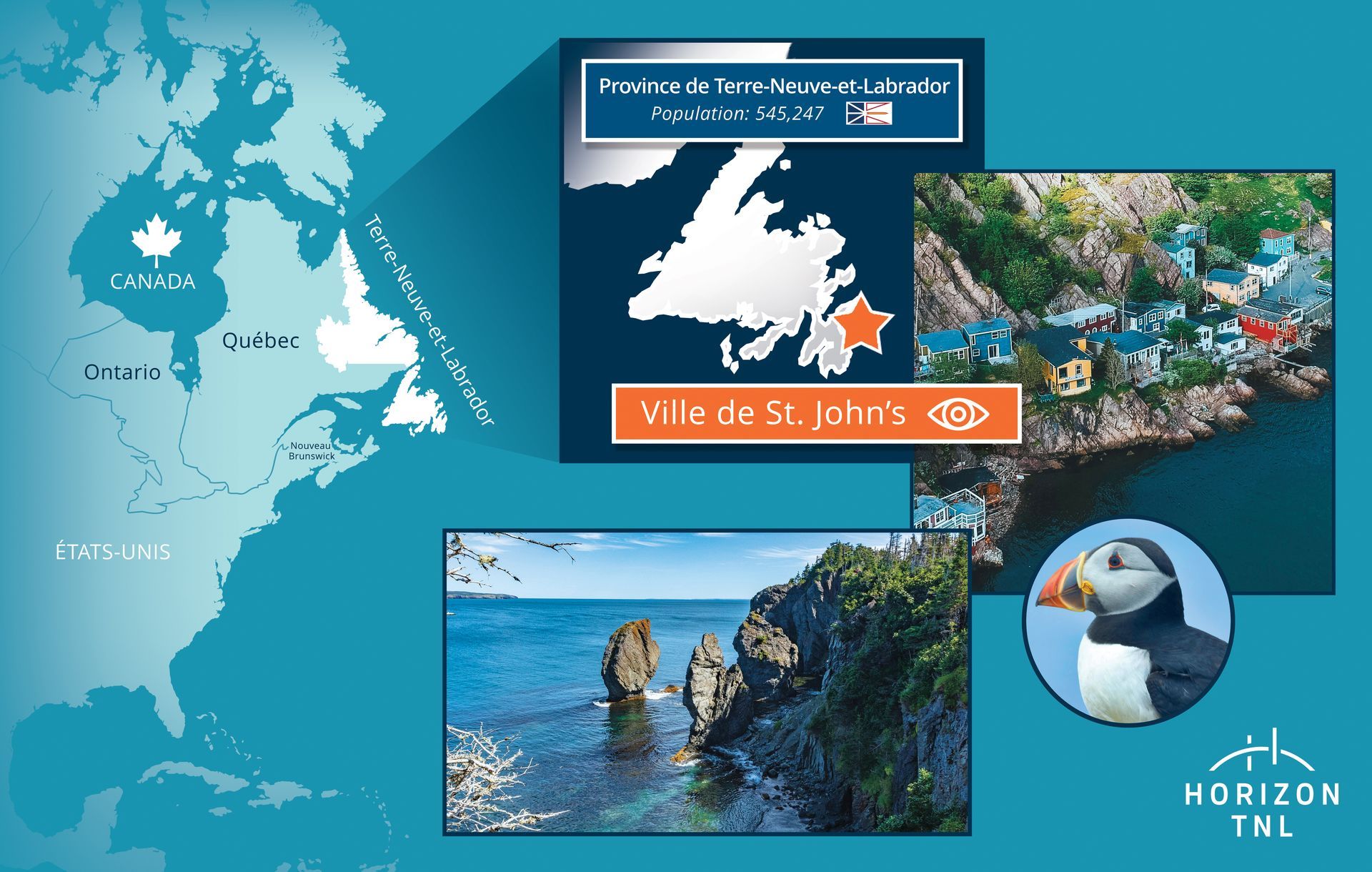 Carte stylisée de Terre-Neuve-et-Labrador montrant la population totale. Des vues de paysage et urbaine et un macareux