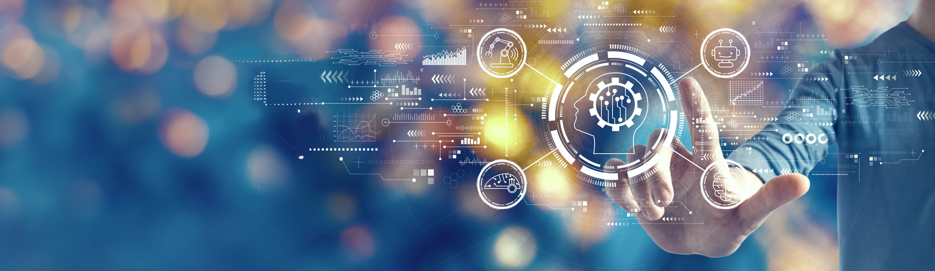 Une main effleure des icônes numériques lumineuses et des superpositions de données dans une interface technologique bleue