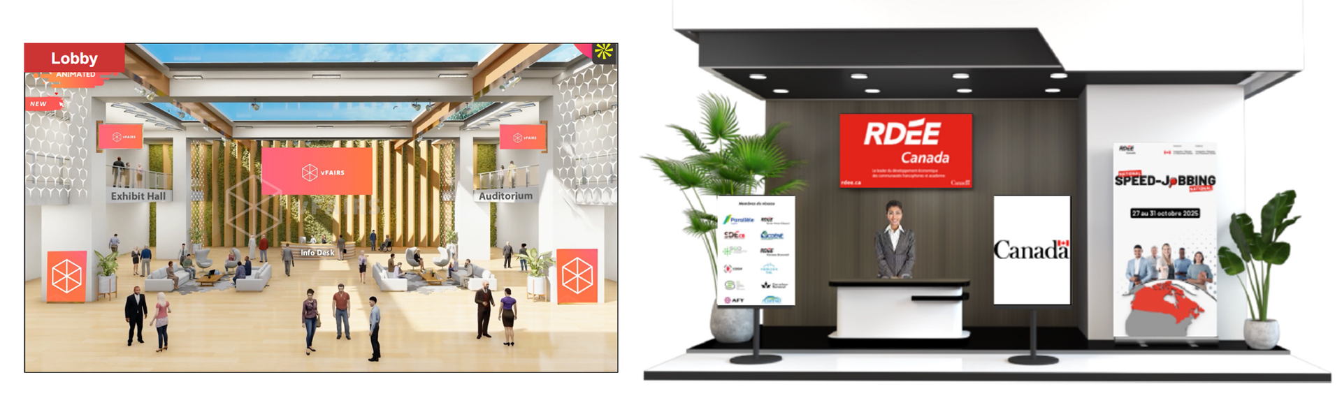 Image du lobby et d'un kiosque de l'événement virtuel 