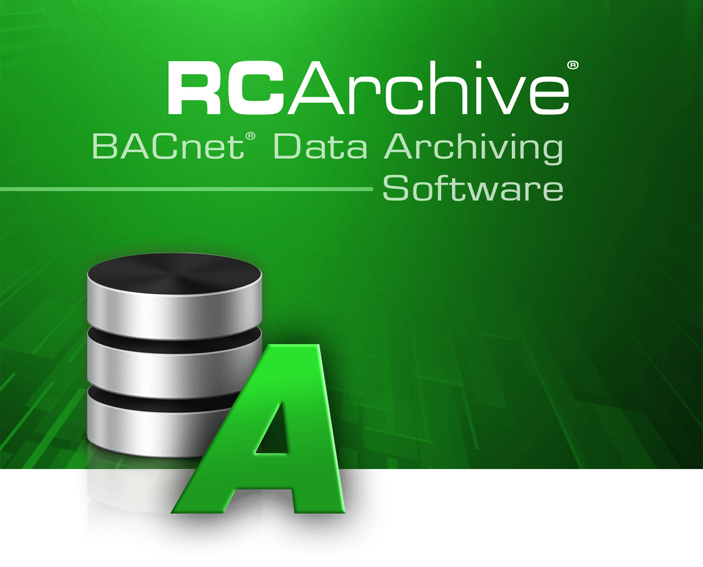RCArchive BACnet Data Archiving Software logo on green background with database icon and large green A
