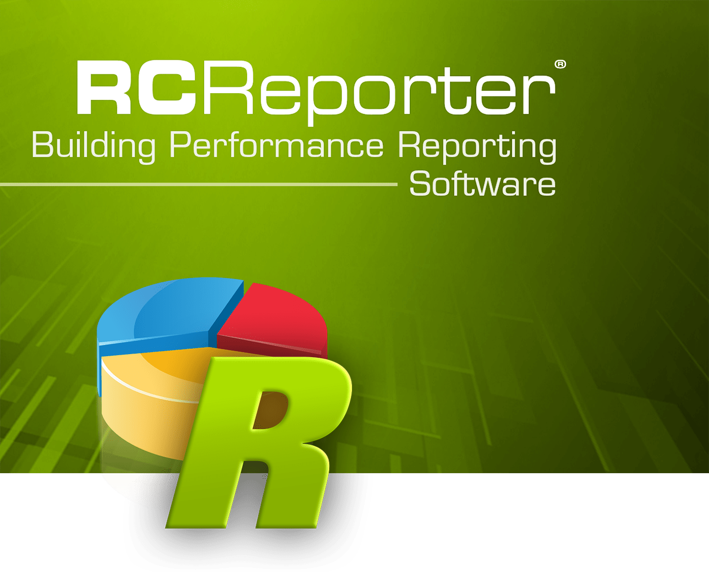 RCReporter logo with green background, multicolor pie chart, and large green “R” text
