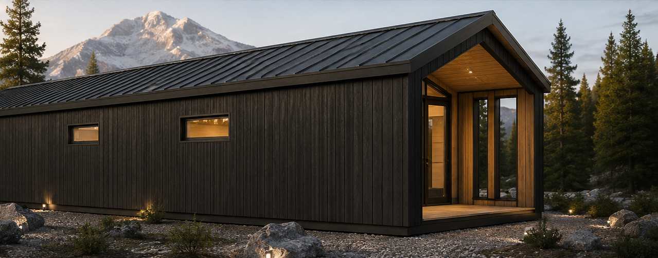 Dark wood modern cabin with lit windows in a snowy mountain forest at sunset