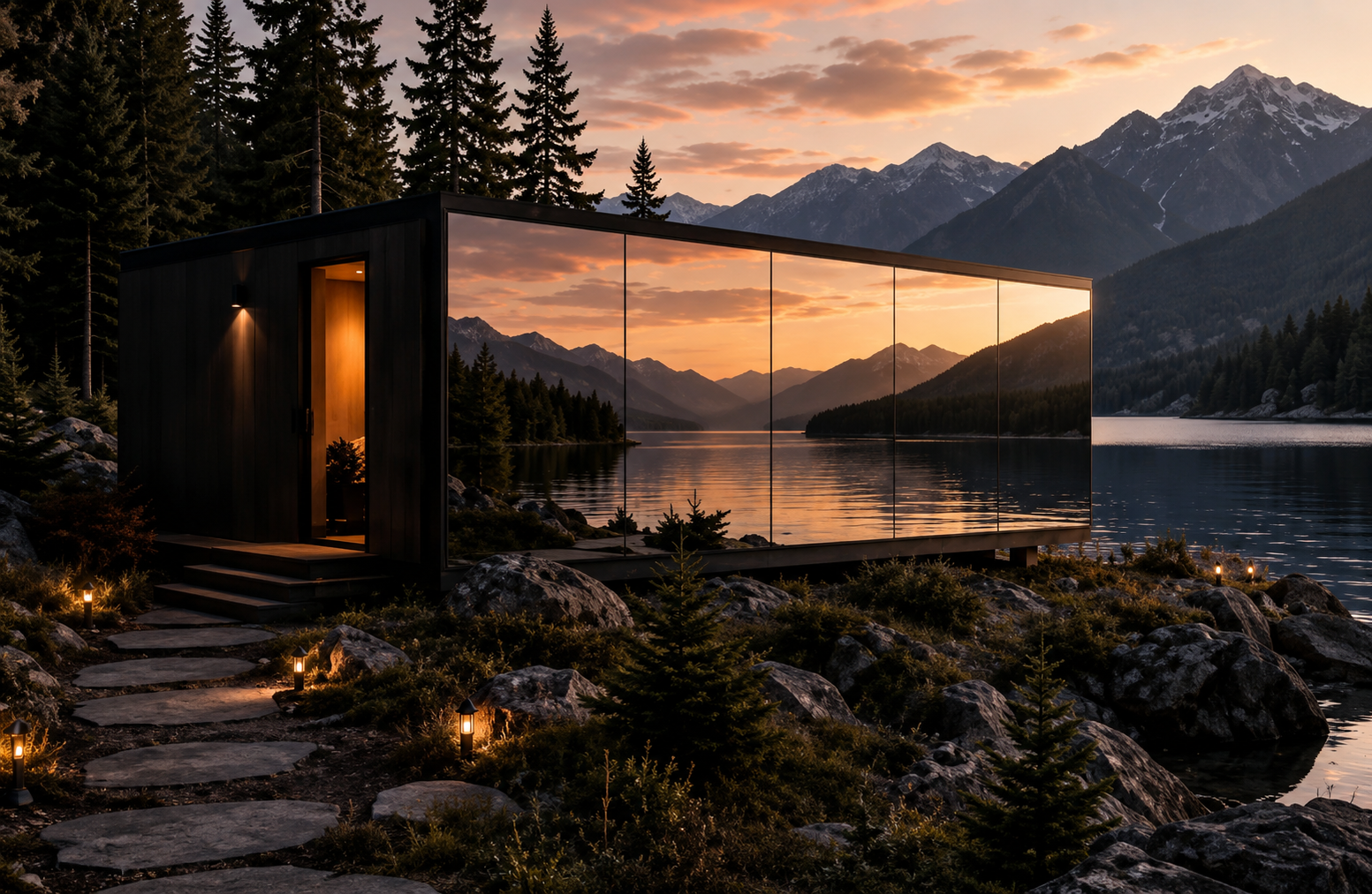Modern glass cabin with wood deck and seating, nestled in a forest clearing