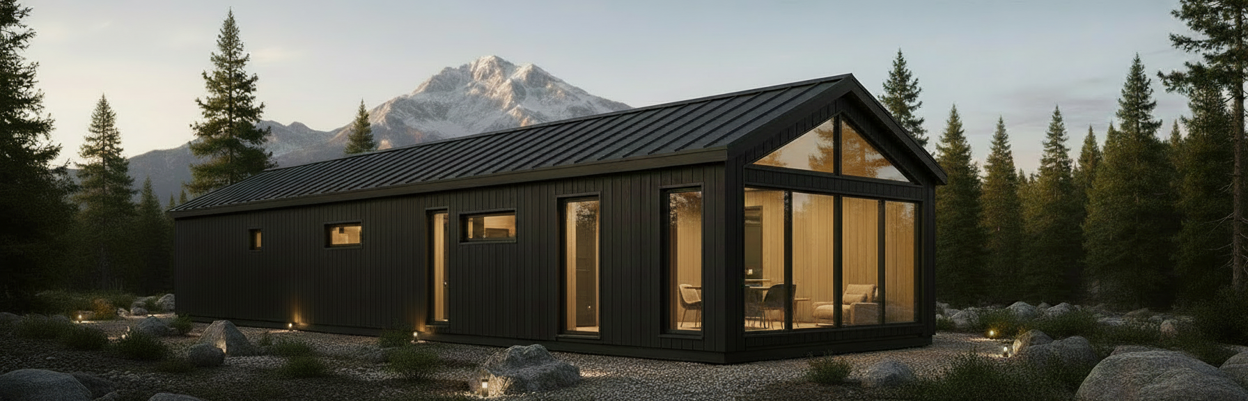 Modern black cabin with large windows in a forest, backed by mountains at dusk