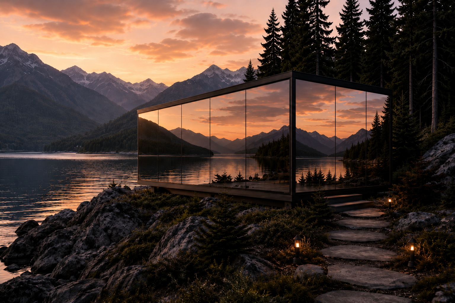 Modern cabin with mirrored glass walls in a rocky mountain landscape at sunset