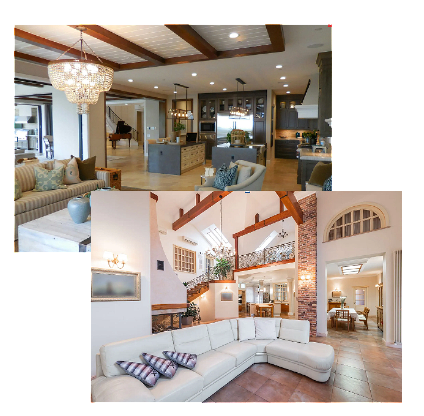 Bright, airy modern living room with white sectional, exposed beams, chandelier, and open staircase