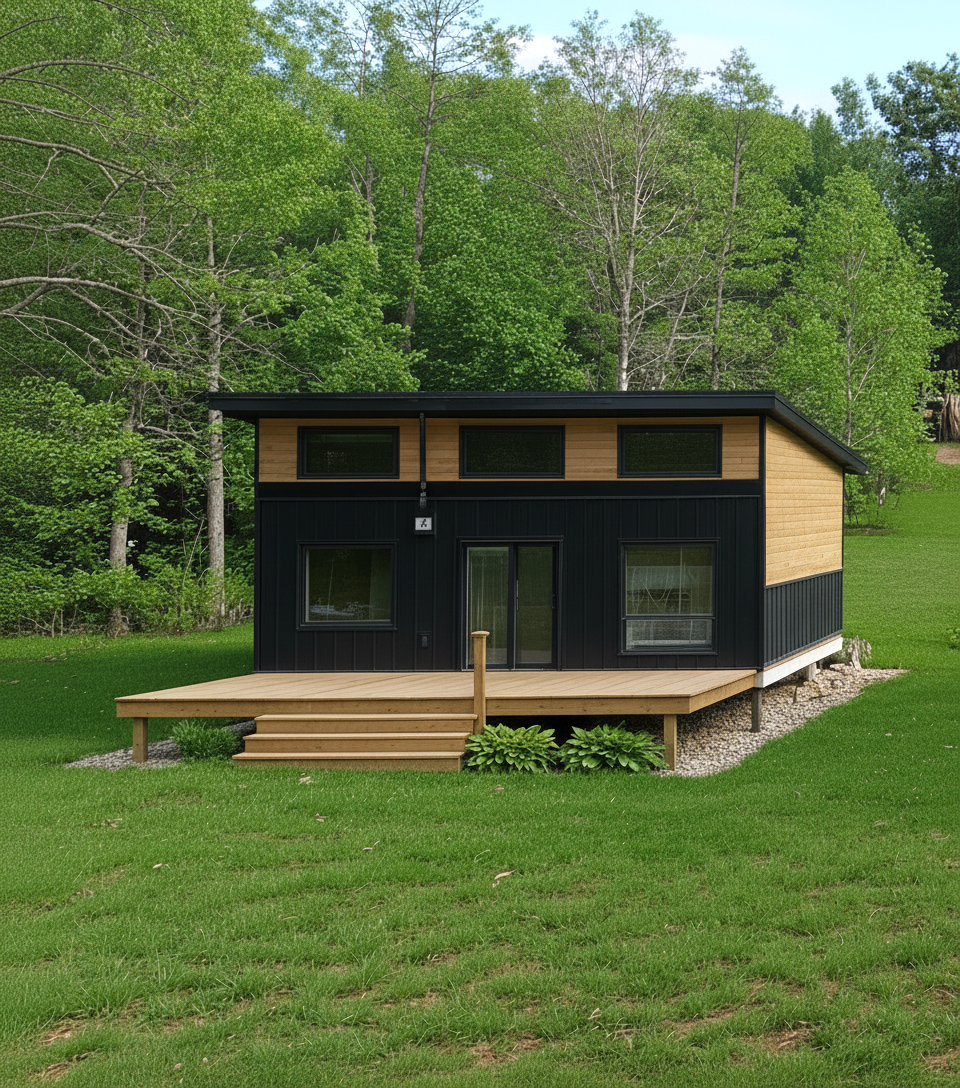 Small modern black-and-wood cabin with a deck, set in a grassy clearing by trees