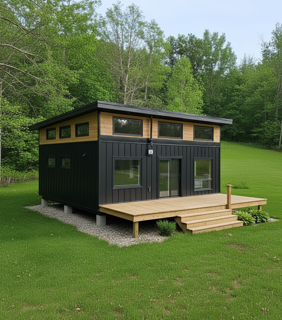 Small black cabin with wood trim and a deck on a grassy hillside surrounded by trees