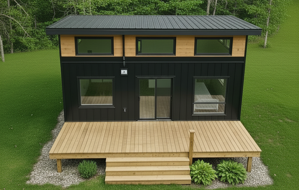 Modern black two-story house with wood trim and a front deck on a grassy hillside