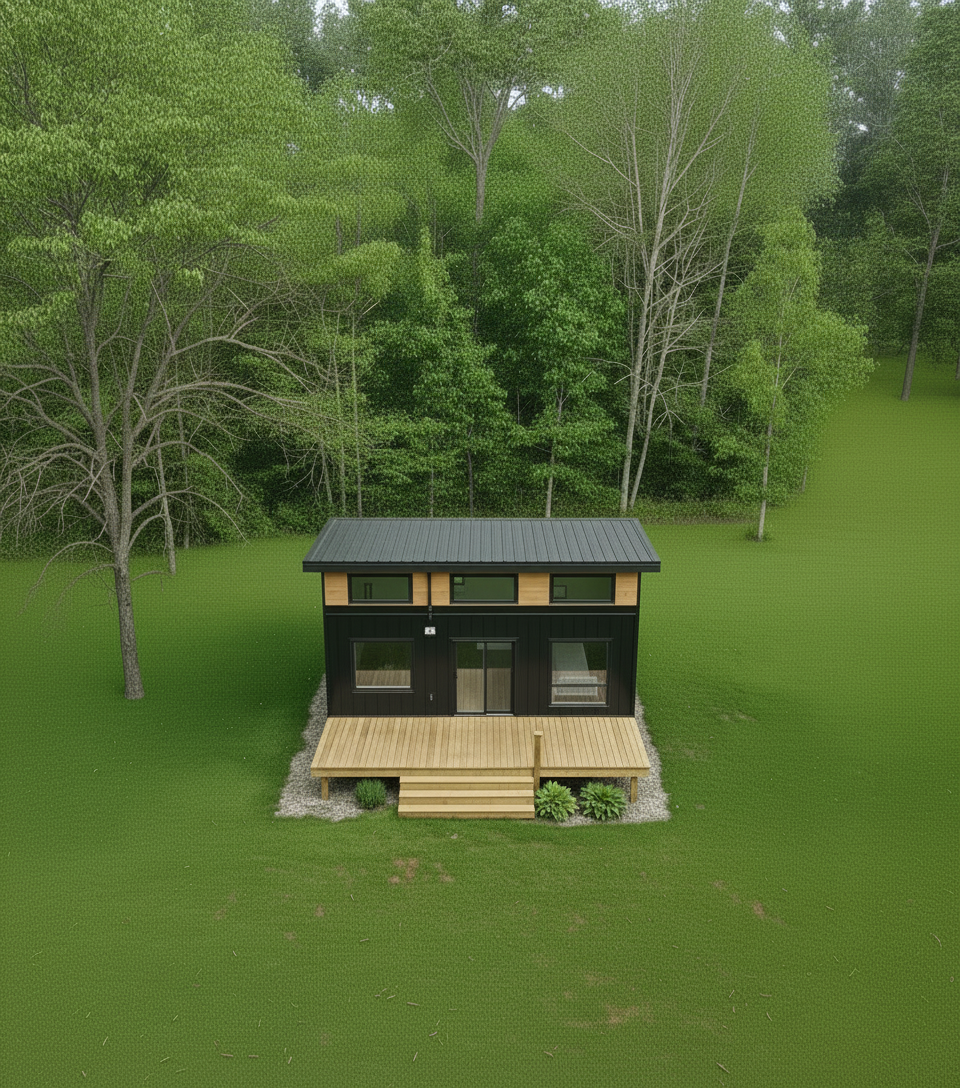 Small dark green cabin with a deck in a grassy clearing surrounded by trees.
