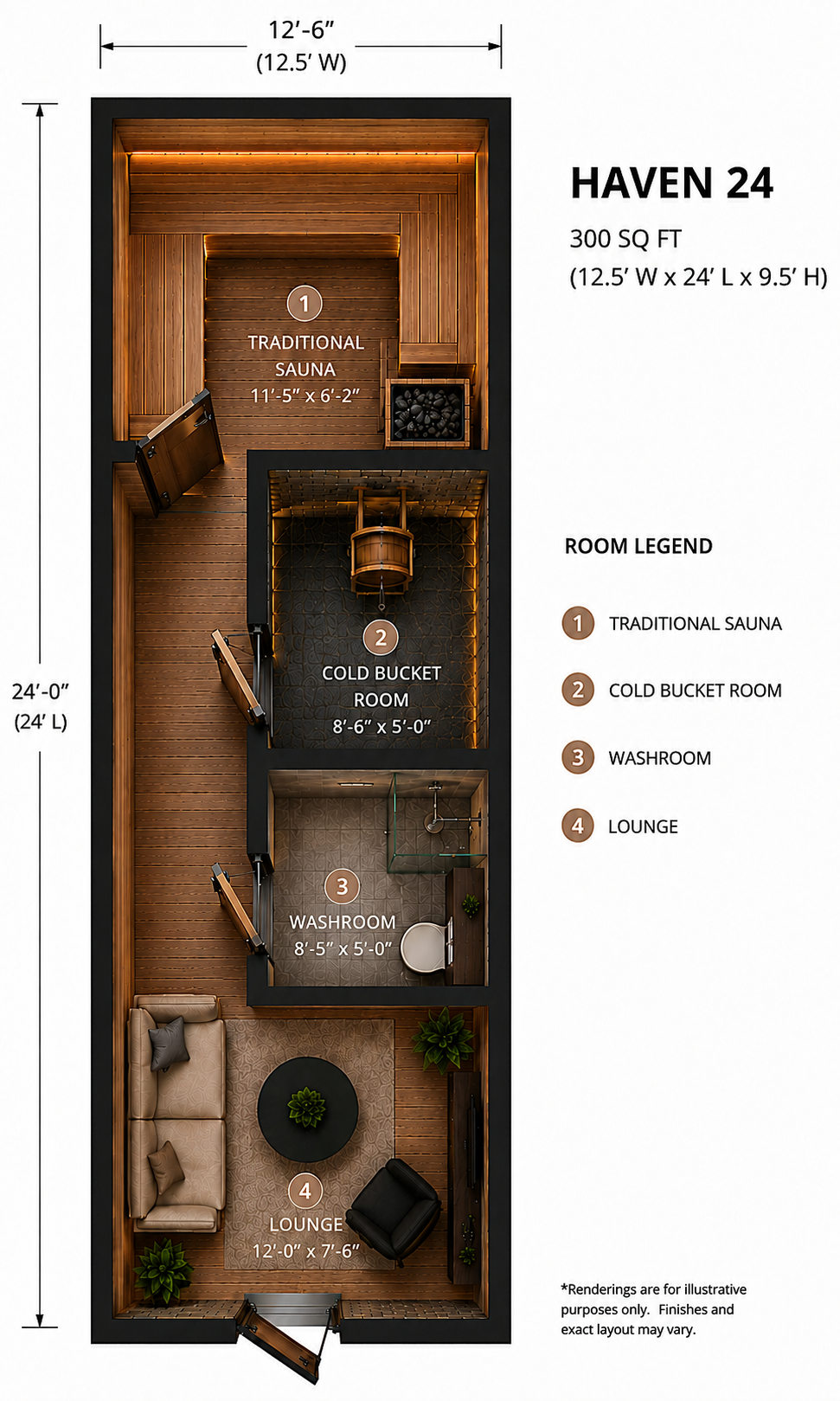 Floor plan of a narrow brown townhouse interior with labeled rooms and dimensions, titled “HAVEN 24.”