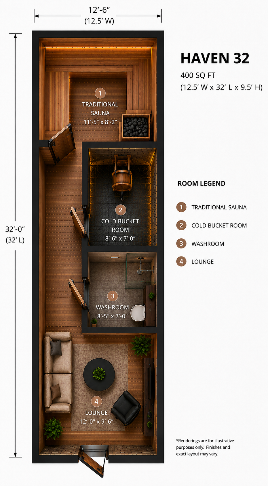 Top-down view of a narrow brown and gray apartment floor plan labeled Haven 32 with room dimensions.