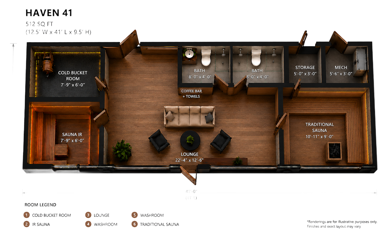 Floor plan of a small apartment labeled “Haven 41,” showing rooms, furniture, and layout in brown and gray tones