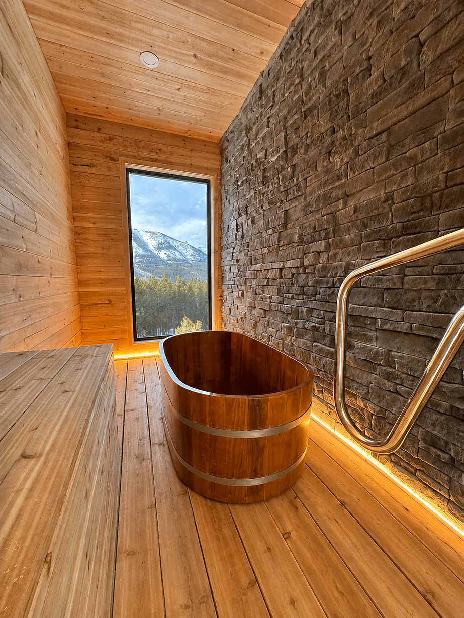 Wooden sauna with oval soaking tub, warm lighting, stone wall, and mountain view through a tall window