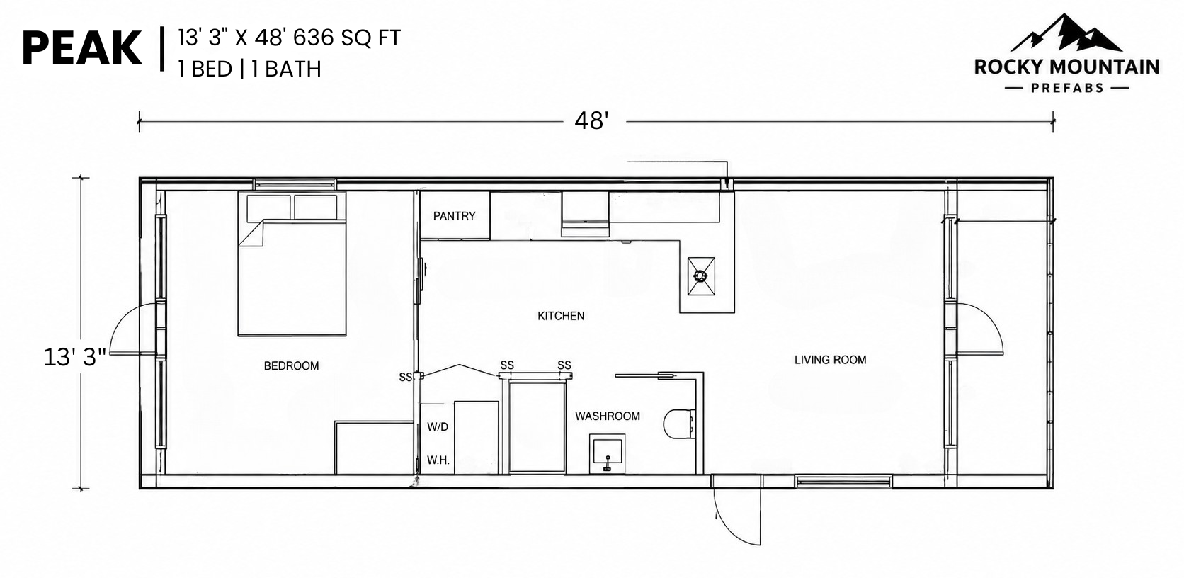 Floor plan blueprint of a small cabin with porch, bedroom, bath, and living area.