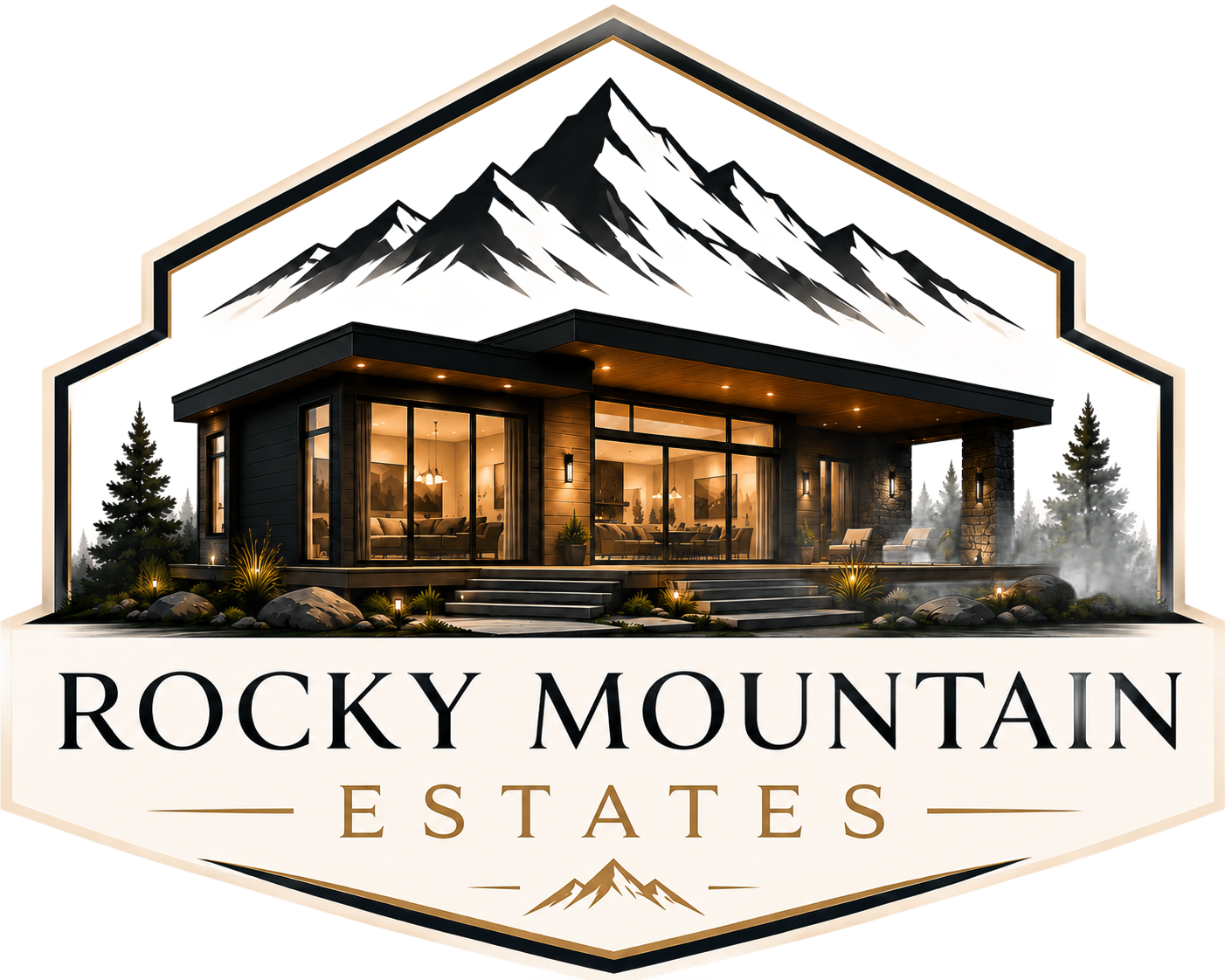 Rocky Mountain Retreats logo with mountain peaks and a modern cabin in warm earth tones