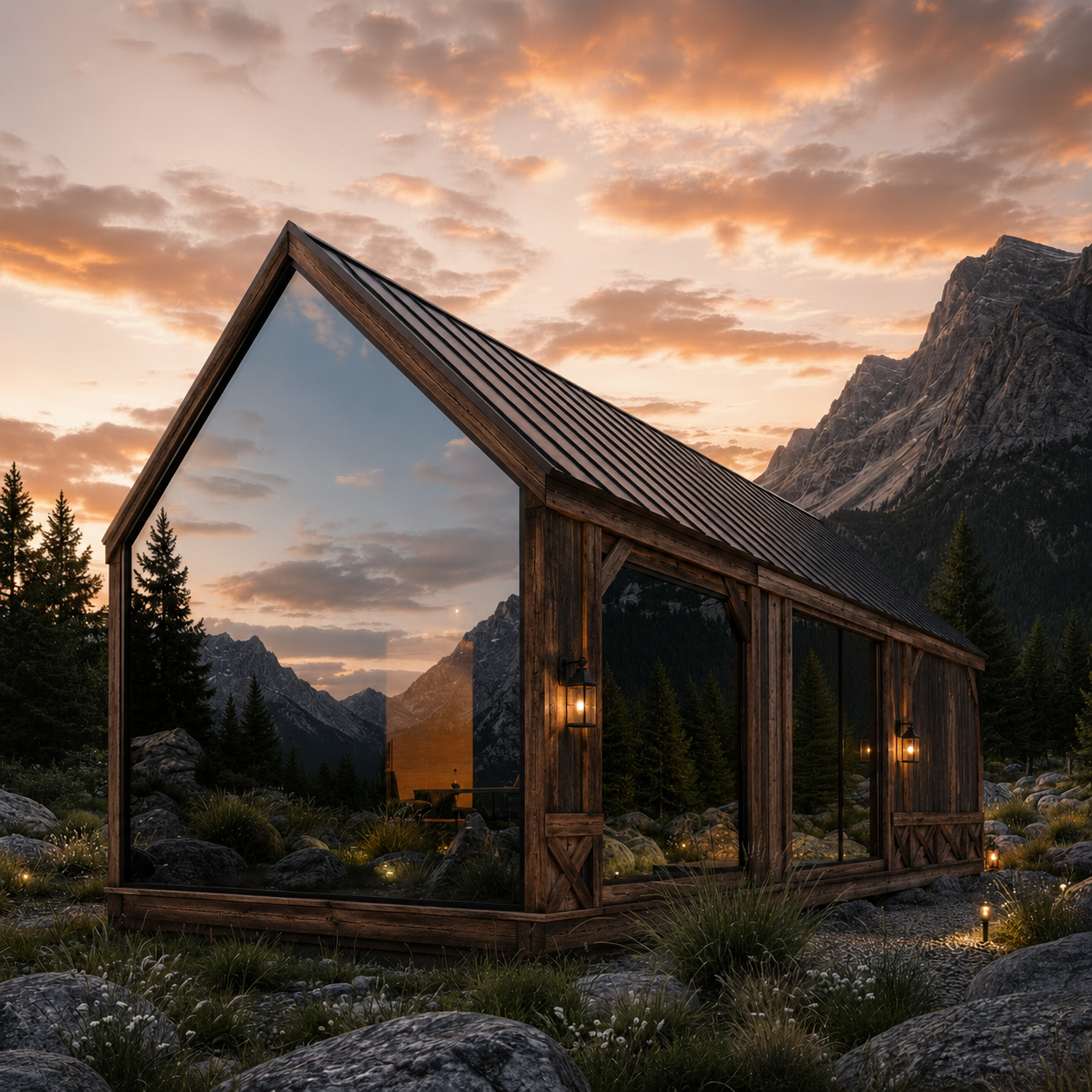 Modern glass cabin with a steep roof in a rocky mountain landscape at sunset