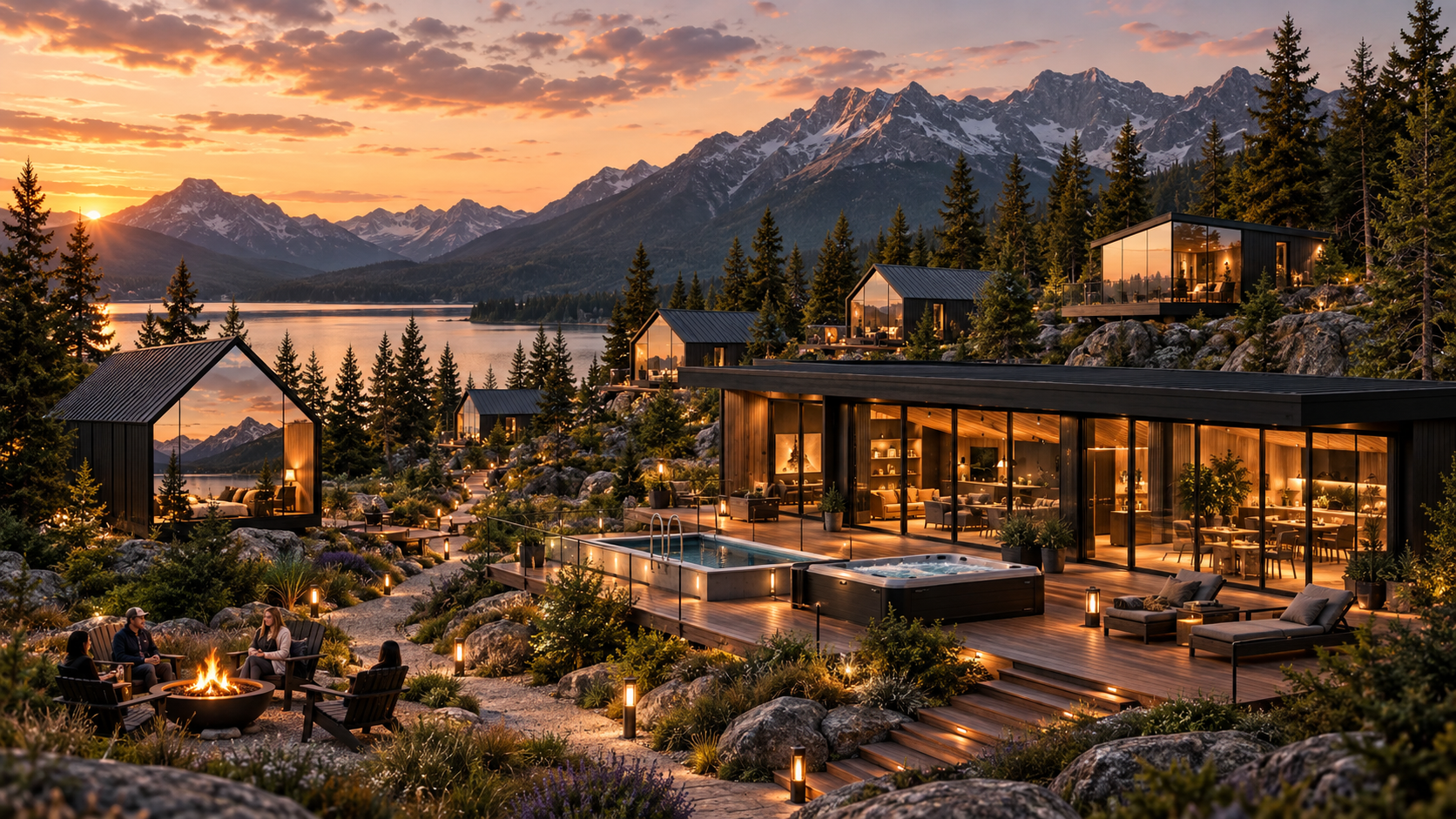 Luxury modular glamping resort with modern prefab cabins, a central amenity building, hot tub, cold 