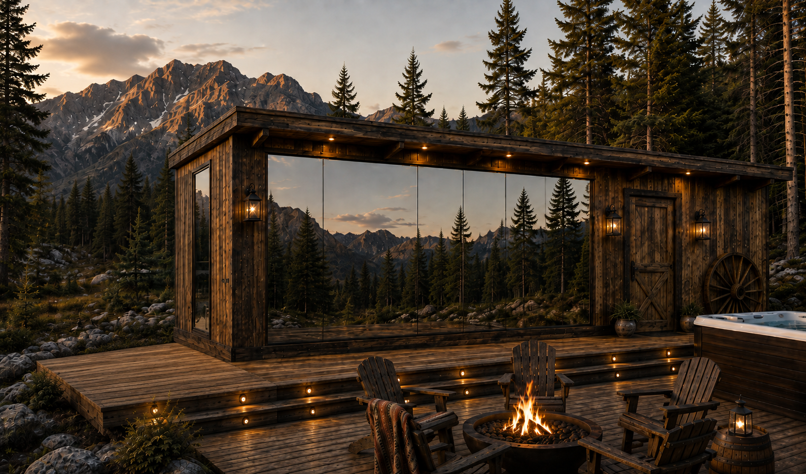 Modern glass cabin with a steep roof in a rocky mountain landscape at sunset