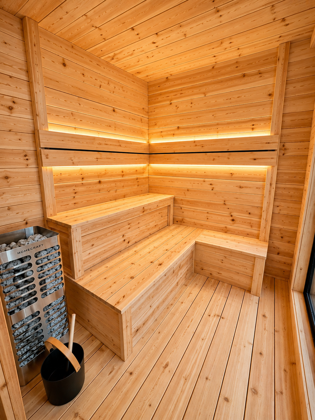 Wood-paneled sauna with stepped benches, warm LED lighting, and a heater in the corner
