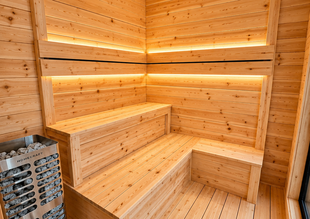 Wood-paneled sauna with tiered benches and warm amber lighting