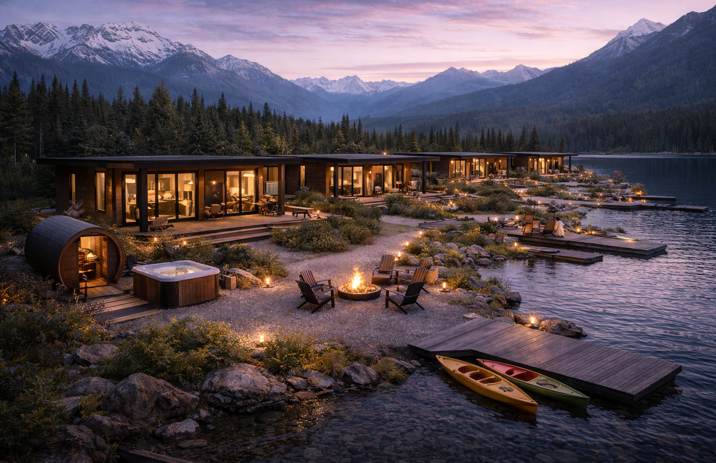 Lakeside cabin at dusk with glowing lights, campfire, dock, and canoe beside a mountain lake.