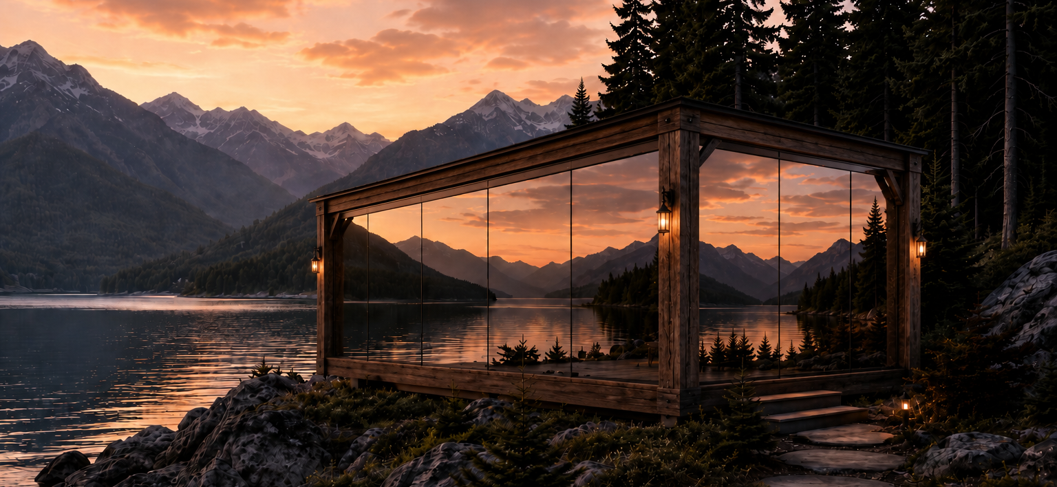 Modern glass cabin with a steep roof in a rocky mountain landscape at sunset