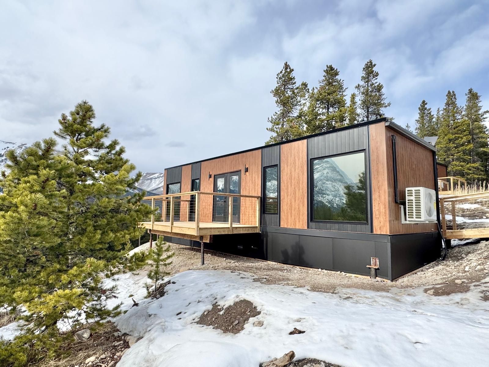 Modern black-and-wood cabin with large windows in a snowy forest clearing