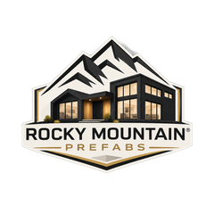 Rocky Mountain Prefabs logo with mountain peaks and a modern house illustration in blue and gold
