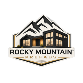 Rocky Mountain Prefabs logo with mountain peaks and a modern house illustration in blue and gold