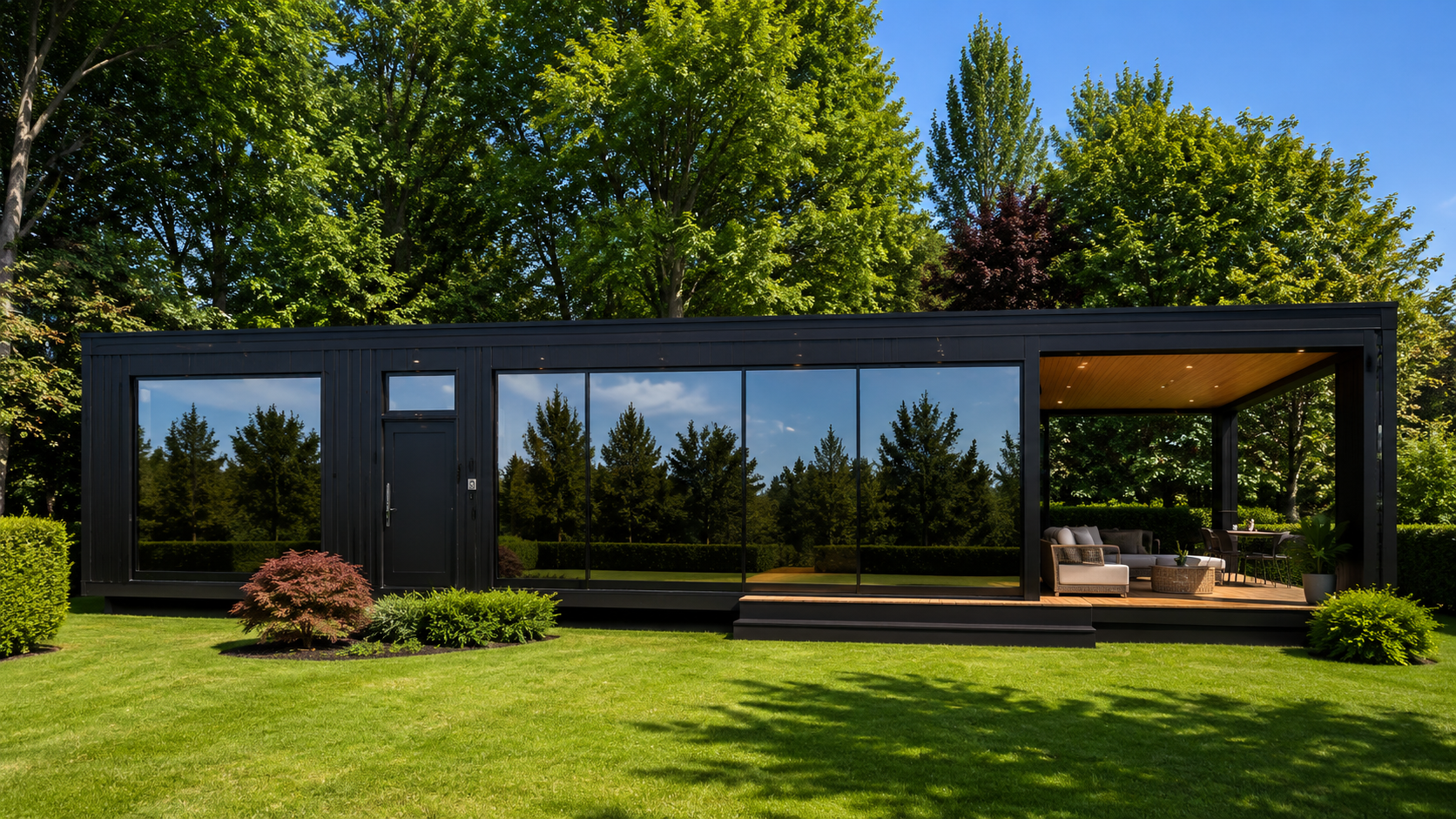 Modern black cabin with lit windows in a forest, mountains in the background at dusk