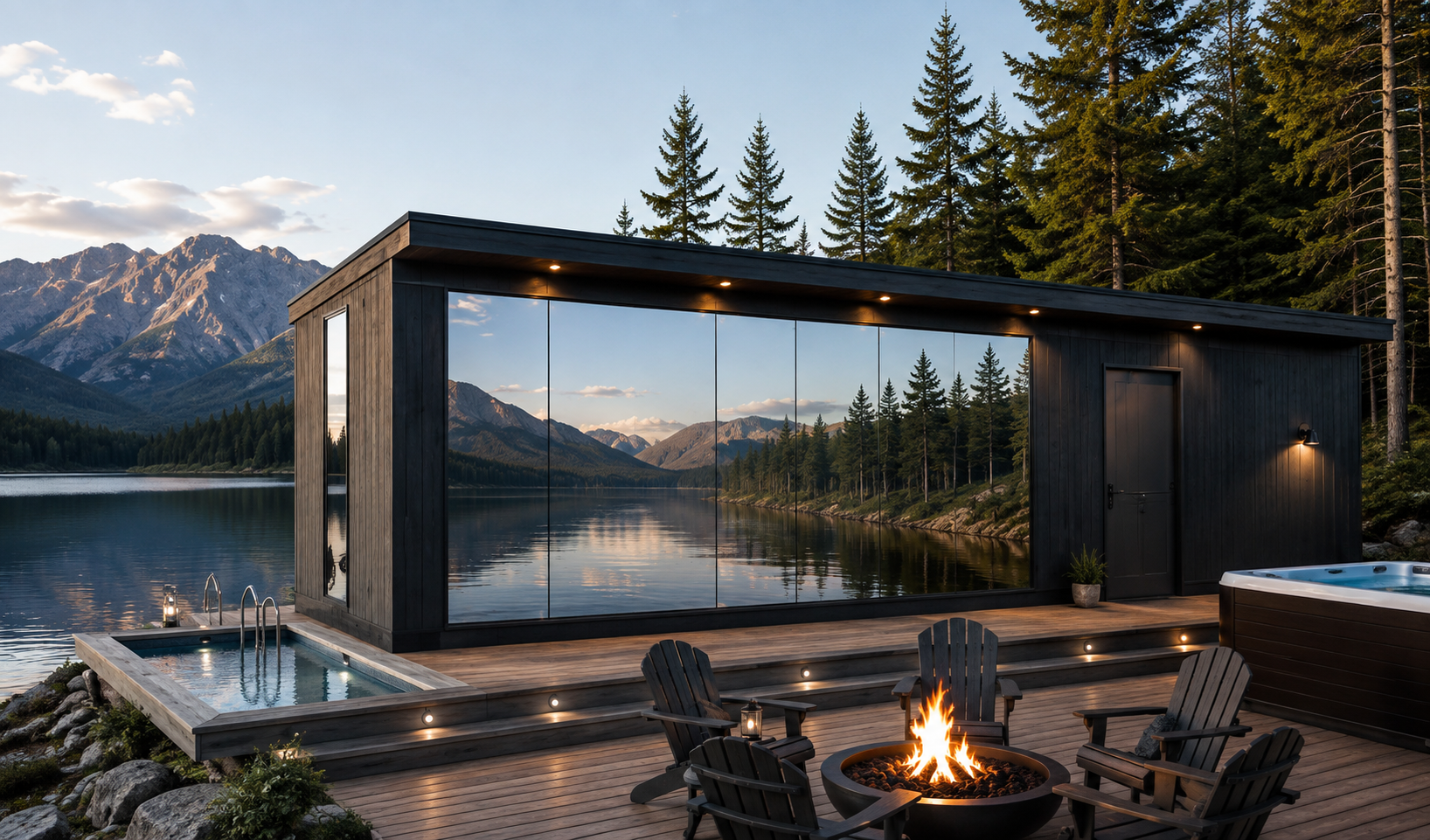 Modern black cabin in a pine forest at dusk with warm lights and mountain backdrop