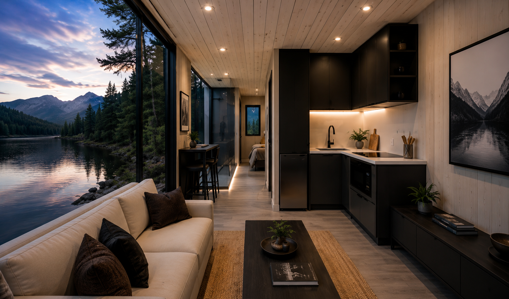 Small modern wooden cabin with large glass front, set in a green forest clearing